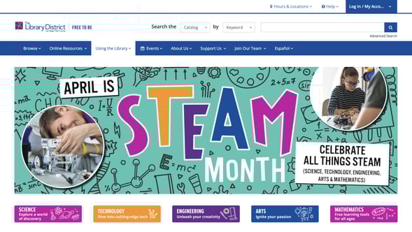 Las Vegas-Clark County Library District webpage for the library's STEAM month in April. Photos of teenagers working with robotics and colorful illustrations to highlight activities in science, technology, engineering, arts, and mathematics.